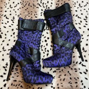Sexy Carlos Santana Satin Purple Leopard Platform Stiletto Boots 10